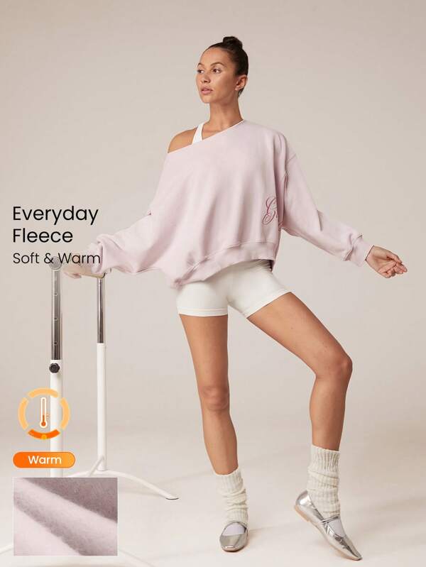 GLOWMODE Everyday Fleece Oversized Off Shoulder Sweatshirt With Embroidered Logo Daily Casual Full Winter
