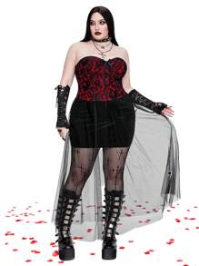 Whyspr 大码性感蕾丝紧身胸衣短款上衣，带蝴蝶结装饰，黑色和红色，适合派对/情人节，76D 花朵图案，适合夏季