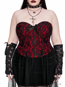 Whyspr 大码性感蕾丝紧身胸衣短款上衣，带蝴蝶结装饰，黑色和红色，适合派对/情人节，76D 花朵图案，适合夏季