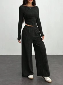 SHEIN PETITE 秋冬女装宽罗纹针织修身不对称斜下摆上衣+阔腿裤休闲舒适家居深灰色两件套 - 黑色 - 查看 7