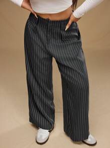 Forever 21 Plus Size Women Straight Leg Striped Print Work Pants - Grey - View 6