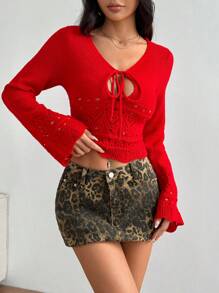 Flirla Women Solid Color Front Tie Hollow Long Sleeve Cropped Sweater, Autumn/Winter
