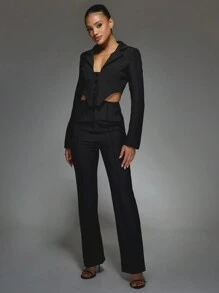 MISSGUIDED Asymmetric Hem Buttoned Lapel Collar Long Sleeves Crop Blazer And Pleat Stitch Pants Two Piece Co-Ord Set - Black - View 1