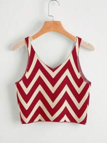 SHEIN EZwear 女士 V 领无袖条纹休闲针织上衣 - 紅色 - 查看 2