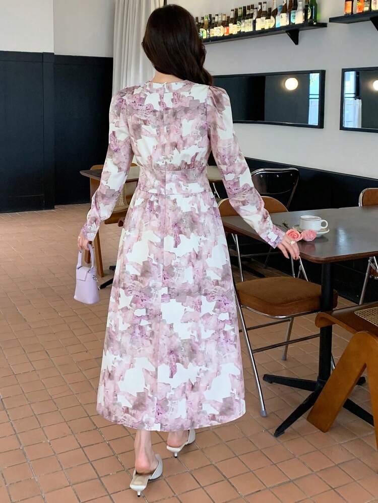 V-Neck Floral Print Midi Dress With Puff Sleeves For Women,Fall Dress Long Sleeve Dress Boho
