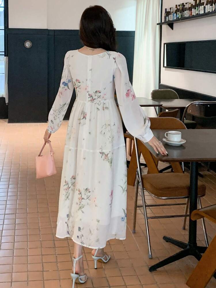 Square Neck Floral Print Lantern Sleeve Midi Dress For Women,Fall Dress Long Sleeve Dress