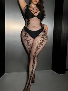 Plus Size Sexy Black Fishnet Bodystocking - Black - View 1