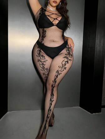 Sexy schwarzer Netzstrumpfkörper in Große Größen