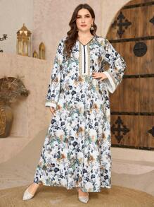 Al Najma Plus Size Women Arabic Style Printed Patchwork V-Neck Long Dress - Multicolor - View 6