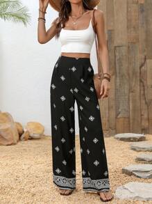 Breezaya Quần ống rộng cạp cao phong cách Bohemian thường ngày cho nữ - màu đen - Xem 3