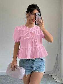 Roylia 女士纯色圆领短袖系带休闲衬衫，日常穿着 - 粉色 - 查看 3