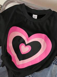 SHEIN 2 件套女童牛仔蓝色优雅学院风假日可爱粉色针织拼接撞色心形印花短袖上衣和灰蓝色牛仔休闲喇叭裙套装，春夏 - 黑色 - 查看 3