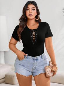 EMERY ROSE Plus Size Solid Color Front Tie Short Sleeve Casual Top - Black - View 5