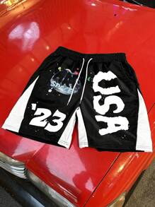 Manfinity EMRG 3pcs Men Graffiti Pattern Digital Print Patchwork Shorts Set ,Men's Young Street Style Oversized Number English Starry Sky Graffiti Color-Block Shorts Three-Piece Set.