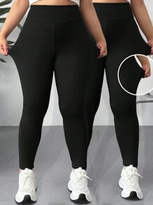 SHEIN EZwear Plus Size Czarne Leginsy Wyszczuplające z Wysokim Stanem, Swobodne i Minimalistyczne, Odpowiednie Na Wiosnę i Jesień