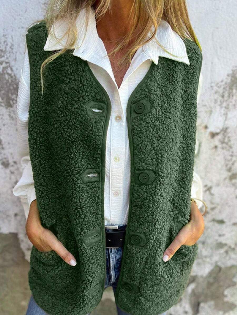 SHEIN LUNE Women Regular Fit Fleece Button Front Vest Jacket For Autumn/Winter - Dark Green - View 1