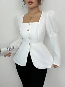 Elenzga 新款優雅短版上衣，修身剪裁，泡泡袖，白色，適合約會、度假、情人節秋季女裝 - 白色 - 查看 4