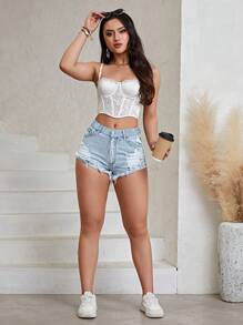 Ripped Raw Hem Denim Shorts - Light Wash - View 5