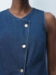 Maija 蓝色 V 领单排扣宽松休闲马甲无袖牛仔上衣，适合春夏季，西式女装，独立日/7 月 4 日，圣约翰，毕业典礼，节日服装，外出，老钱 - 藍色 - 查看 6