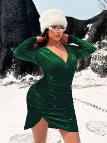 Allurite Plus Size V-Neck Velvet Long Sleeve Split Pleated Sexy & Elegant Sequins Dress, Red Color, Suitable For Performance, Bar, Nightclub, Party, Date - Green - View 7