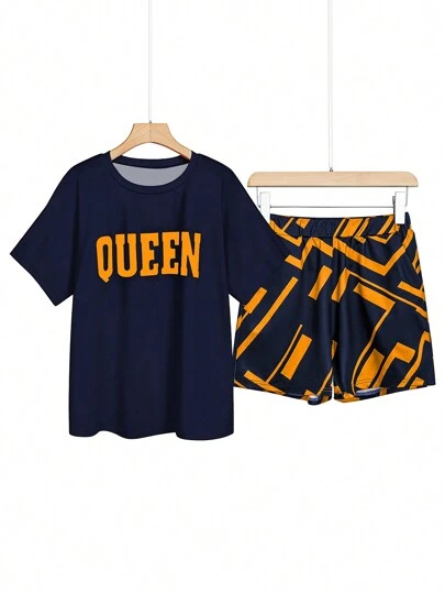 Zolique 女士休闲字母印花圆领短袖上衣和短裤 2 件套