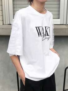 FRIFUL 女士白色宽松字母印花网眼拼布圆领短袖 T 恤，夏季