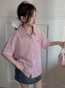 Dazy Kids Tween Girl Bow Embroidery Collared Striped Short Sleeve Woven Shirt, Summer,Back To School Clothes - Pink - View 1