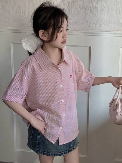 Dazy Kids Tween Girl Bow Embroidery Collared Striped Short Sleeve Woven Shirt, Summer,Back To School Clothes