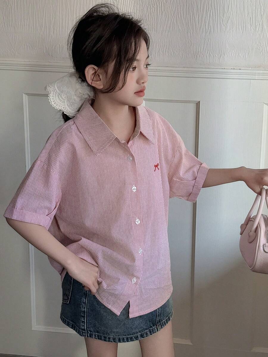 Dazy Kids Tween Girl Bow Embroidery Collared Striped Short Sleeve Woven Shirt, Summer,Back To School Clothes - Pink - View 1
