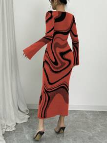 Elenzga Đầm midi bodycon cạp cao màu sắc cho nữ, tay dài - trái cam - Xem 2