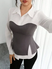 Calvaya Women's Elegant & Stylish Commuting Casual 2 In 1 Long Sleeve Color Block Shirt, For Spring, Autumn & Winter