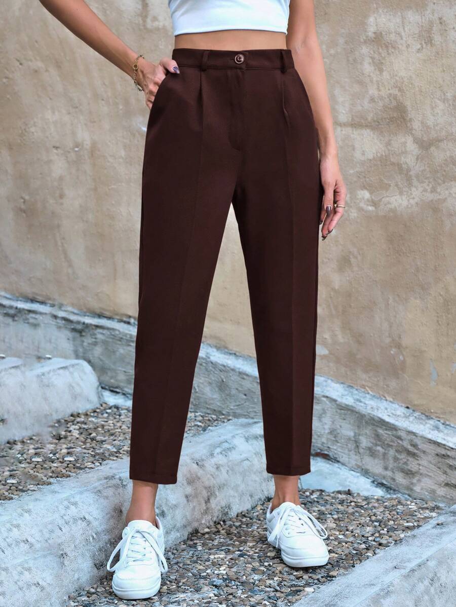 RueChic Women Button Front Pocket Casual Simple Style Long Pants, Everyday Wear - Brown - View 1
