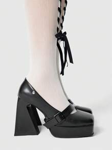 ROMWE Goth 女士方头玛丽珍粗跟厚底高跟鞋，黑色，2024 春夏秋冬系列新品，情人节款