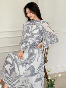 DAZY Rochie de toamnă cu mânecă lungă și imprimeu pe toată suprafața pentru femei - Albastru - Vizualizare 6