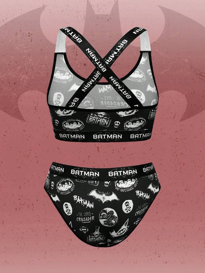 Batman X ROMWE Conjunto de lencería con sujetador inalámbrico tipo cruzado  y panty con tela estampada de letras para mujer