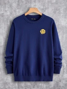 Manfinity Homme 男士休闲笑脸图案圆领毛衣套头衫，秋冬 - 藏蓝色 - 查看 1