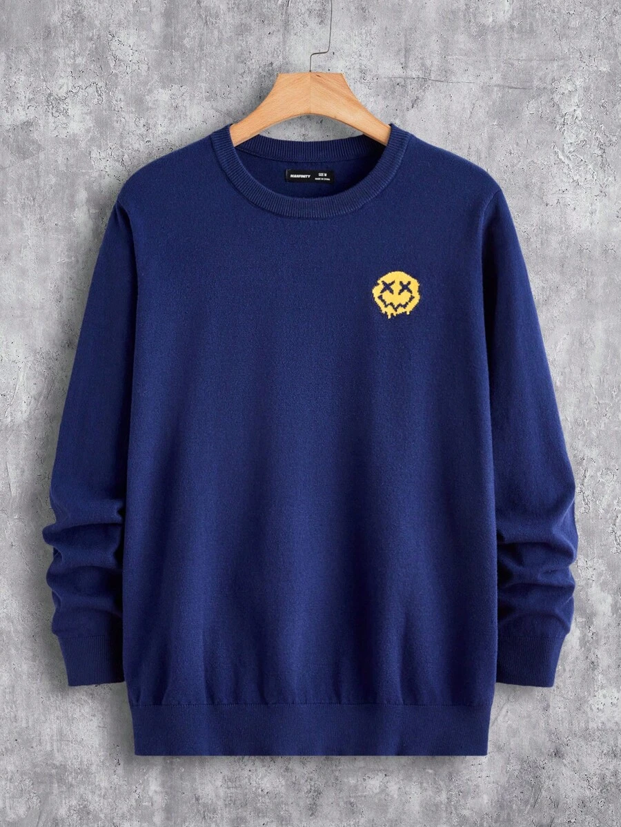 Manfinity Homme 男士休闲笑脸图案圆领毛衣套头衫，秋冬 - 藏蓝色 - 查看 1