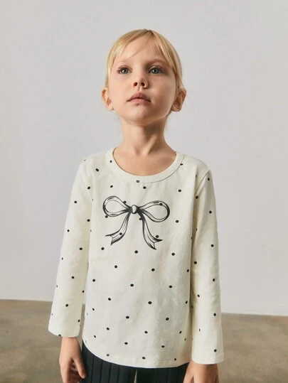 Maija Kids Maija Kids 年轻女孩圆领 T 恤，带波尔卡圆点和蝴蝶结设计，休闲