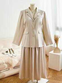 SHEIN Frenchy Ensemble tailleur-jupe de grande taille élégant, blazer près du corps couleur champagne et jupe dorée - Beige - Voir 3