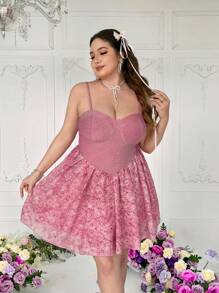 Lyrianda Plus Size Women Vintage French Peplum Princess Dress, Cinched Waist Spaghetti Strap Romantic Cute Party Mini Dress With Valentines, Rose, Heart, Polka Dot, Love, Lip, Cupid, 260D Flower Print