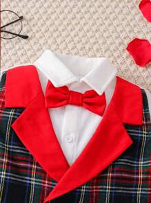 2pcs Young Boy Gentleman Elegant Urban Fashion Red Bow Tie, Plaid Vest 2 In 1 Design, White Collar Long Sleeve Shirt And Red Pants Gentleman Suit, Suitable For Wedding, Party, Travel, Casual Gathering, Autumn/Winter