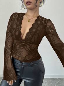 Firerie 女士黑色 V 领蕾丝拼布喇叭袖蕾丝衬衫