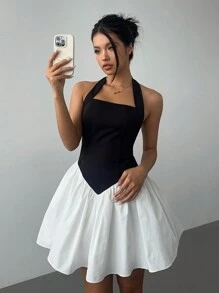 Aloruh Black & White Contrast Color Halter Party Short Dress, Elegant For Women, For Graduation