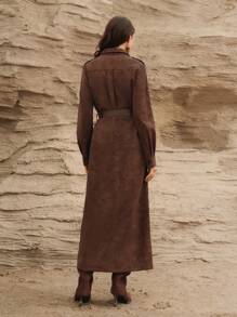 Anewsta 高端法式复古麂皮女式纽扣腰连衣裙 - 棕色 - 查看 2