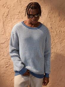 Forever 21 Striped Pattern Drop Shoulder Sweater,Fall Tops,Fall Men Clothes - Blue - View 5