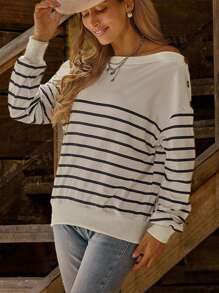 LanaWest Autumn/Winter Off Shoulder Striped Print Casual Office Wear Lantern Sleeve Loose Sweatshirt Pullover Fall