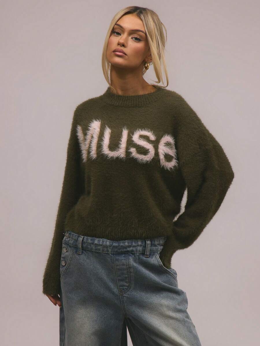 MUSERA Muse 标志图案蓬松针织套衫春季 Y2K 90 年代休闲可爱甜美 Muse 超大机场假日秋季