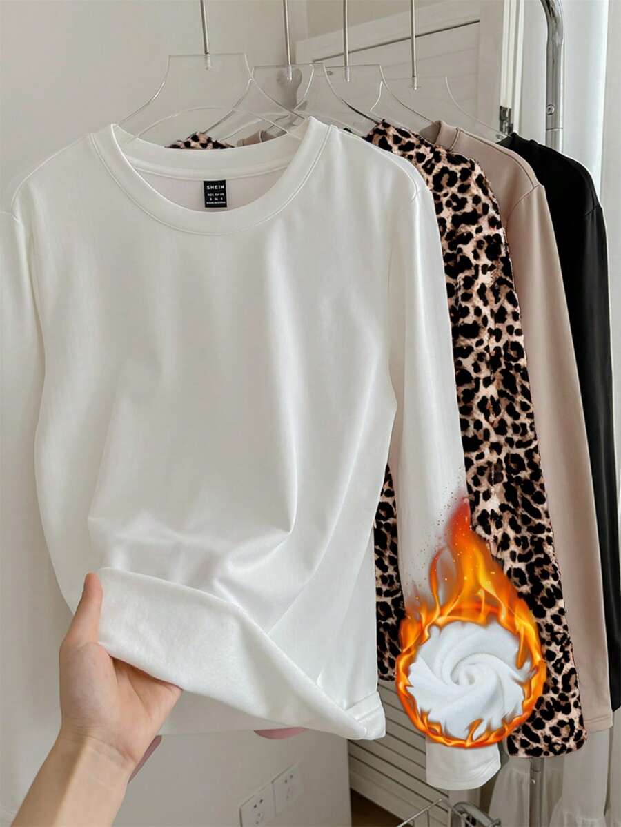 SHEIN LUNE 4 件装加大码女式纯色豹纹舒适休闲圆领长袖 T 恤