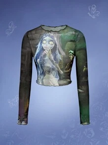 Corpse Bride | ROMWE Blusa de mangas largas de malla transparente con estampado de la Novia Cadáver para mujer de talla grande - Multicolor - Ver 5