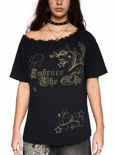 Grunge Punk Vintage Y2K Baddie Retro Vine Logo Rhinestone Star Leopard Print Patchwork Women Tee Shirt